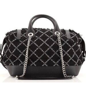 Authentic Chanel Black Quilted Tweed Chain-Handle Satchel Bag